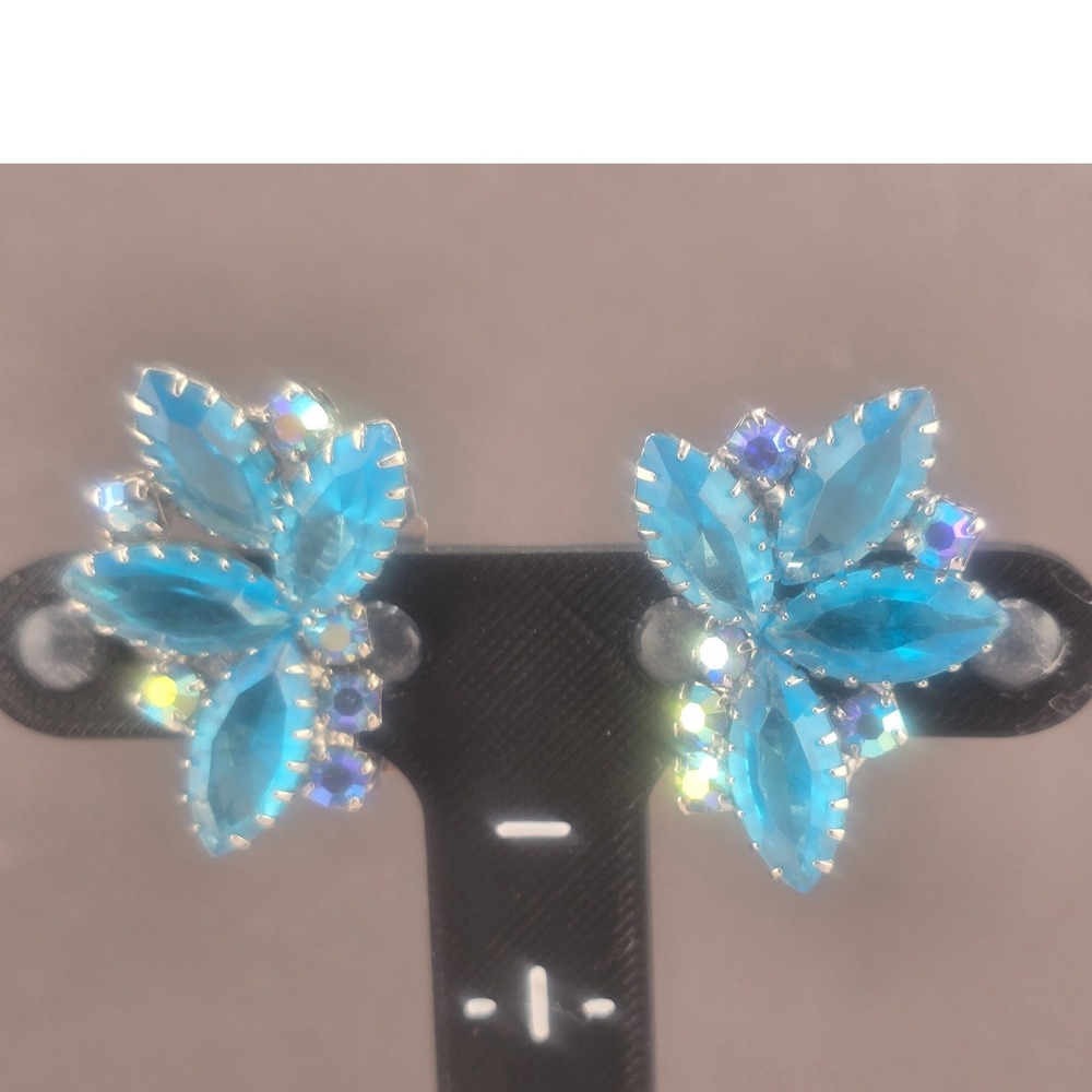 Vintage Estate Clip On Earrings Blue Rhinestone Floral Spray Silver Tone 1.25in